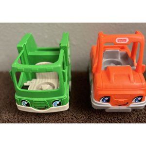 Lot of 2 Fisher Price Little People Orange Pick Up Truck and Green Recycle Truck